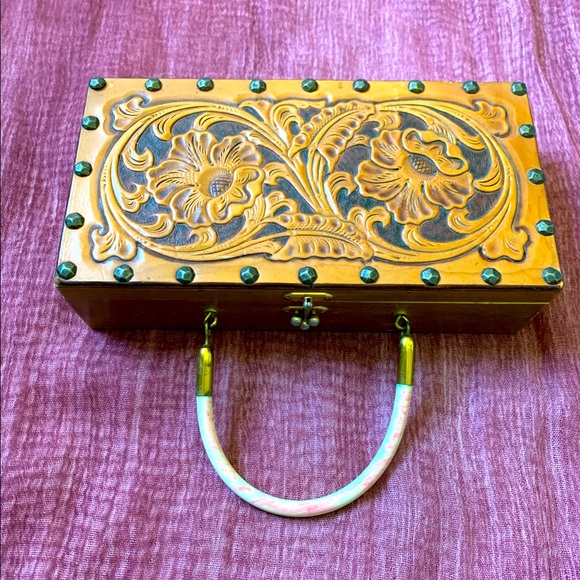 Vintage Handbags - Vintage Leather and Wood Original Box Bag by Tex Tan Western Leather Co.